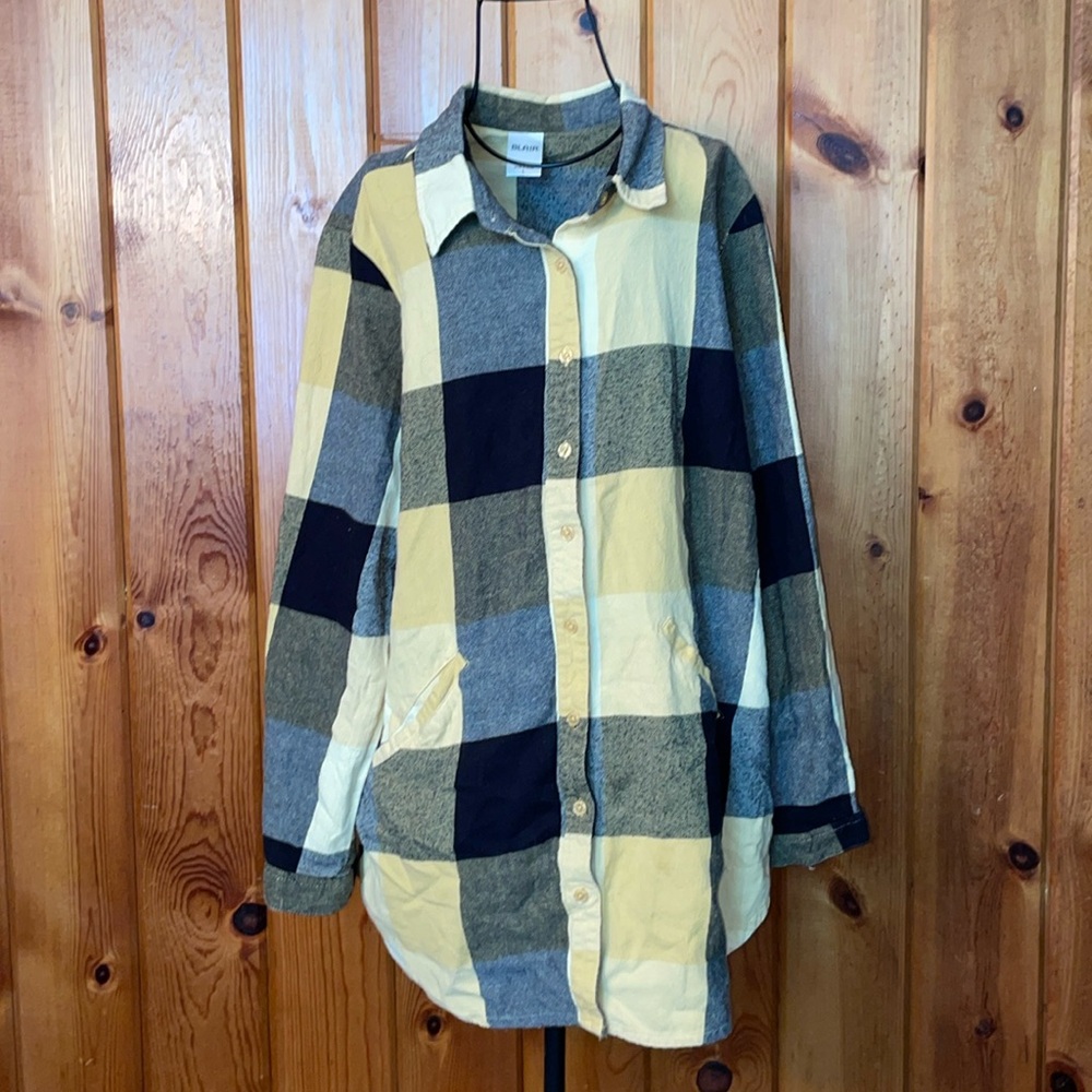 Blair yellow plaid flannel shirt size large longer in length with pockets fall